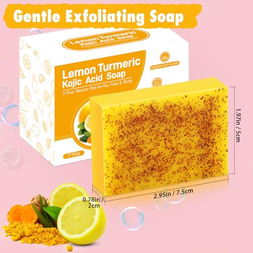 Lemon Kojic Acid Soap, Lemon Turmeric Bar with Vitamin C for Face, Body Hands, Turmeric Soap for Dry Sensitive Skin 2 Bars