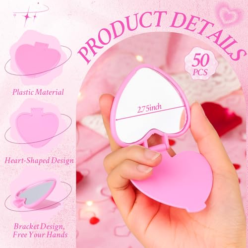 50 Pcs Heart Shaped Compact Mirror Bulk Valentines Day Small Gifts Galentines Mini Folding Pocket Mirrors Red and Pink Makeup Mirror for Women Travel Daily Use Wedding Favor Supplies