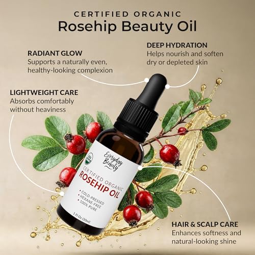 Organic Rosehip Seed Oil | 100% Pure, Cold-Pressed, Unrefined | USDA Certified Organic | Amber Glass Bottle with Glass Dropper | For Face, Skin & Hair - 1 Fl Oz