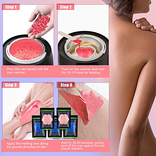 Hard Wax Beans 17.5Oz, Hair Removal Body European Brazilian Pearl Waxing Beads For Women Men Include 10 Waxing Spatulas For Bikini, Eyebrow, Face, Armpit 5 Packs