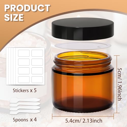 2oz Amber Glass Jars with Lids - 40 Pack Brown Small Cosmetic Containers with Inner Liners, Wide-Round Smooth Mouth Salve Container, Sealable for Creams, Lotions, Essential Oils, Travel Samples