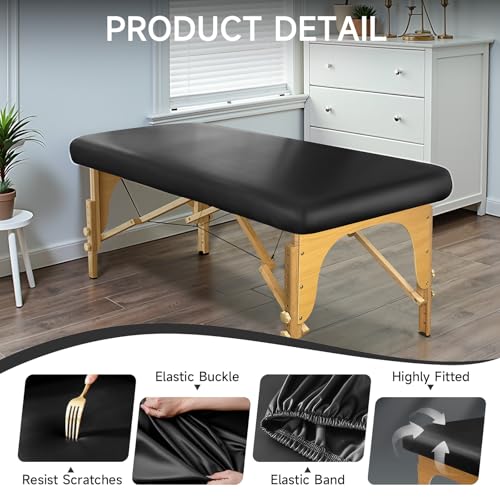 PU Leather Massage Table Cover Wipeable Vinyl Massage Table Cover Waterproof & Oilproof Lash Bed Covers Fitted 32" Wide (Black, 1 PCS)