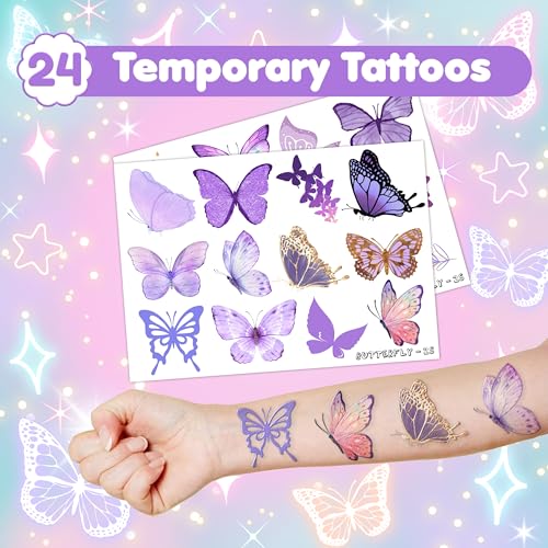 48 PCS Butterfly Party Set: 24 PCS Temporary Tattoos & 24 PCS Slap Bracelets - Cute Butterfly-Themed Gifts for Kids, Girls, Boys - Birthday Parties, Baby Showers, Classroom Rewards, Party Decorations