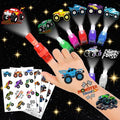 72 PCS Monster Truck Party Favors - 48 PCS Temporary Tattoos & 24 PCS LED Finger Lights Combo - Birthday Goodie Bag Fillers, Light Up Toys, Party Supplies for Kids