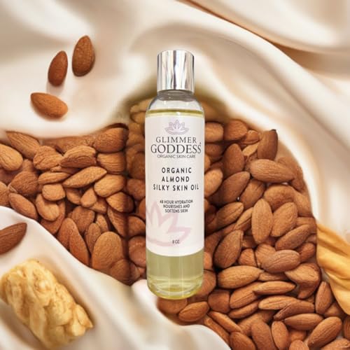 GLIMMER GODDESS Organic Sweet Almond Silky Skin Oil - Moisturizing Dry Skin, 48 Hour Hydration, Unisex 8 oz.