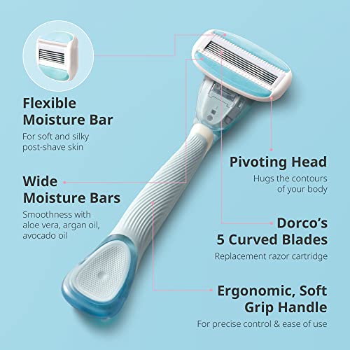 Dorco EVE 5 Razors - Smooth Shaving Razors for Women with 1 Handle & 6 Cartridge Refills, 5 Curved Blades with Flexible Moisture Bar