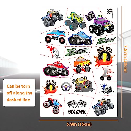 Temporary Tattoos for Kids, 75 PCS Truck Tattoos for Hot Wheel Birthday Party Decoration Favor, Metallic Tattoos, Monster Truck, Car Racing, Checkered Flag, Flames Tattoo for Boys Girls