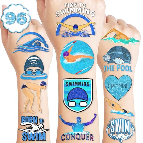 96PCS Swim Swimming Team Temporary Tattoos Summer Beach Pool Themed Birthday Party Decorations Favors Supplies Decor Sport Tattoo Stickers Gifts For Swimmers Kids Boys Girls School Prizes Carnival
