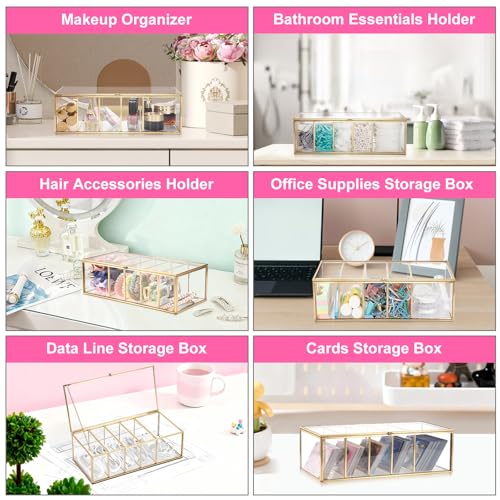 ELLDOO Lash Extension Organizer Box with Lid, Gold Glass Eyelash Supplies Organizer Storage Box, 5 Compartments Bathroom Supplies Storage Container for Cotton Swabs, Balls, Pads, Floss Picks