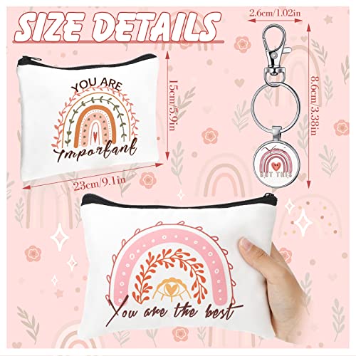 Pinkunn Valentines Rainbow Canvas Cosmetic Bag Bulk Gift for Women with Inspirational Quote Keychains Set 16 Pcs Cosmetic Bags 16 Pcs Keychains You are Amazing Beautiful Kind Travel Pouch Zipper