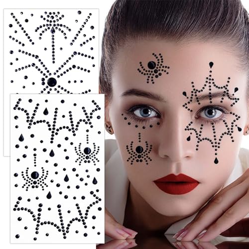 Halloween Face Gems 2Pcs Black Spider Face Jewels Spider Web Rhinestone Tattoo Stickers Self Adhesive Crystal Temporary Tattoos Stickers for Halloween Cosplay Makeup Festival Rave Party