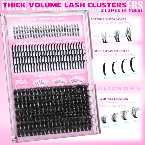 Lash Clusters with Spikes Kit with Bottom Eyelash Extensions Thick Volume Eyelash Clusters Kit Wispy Individual Lash Extensions Kit with Lash Bond and Seal (12mm-19mm, 312Pcs)