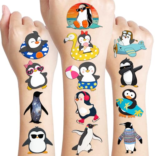 96 PCS Funny Summer Penguin Pre-cut Temporary Tattoos Sticker Animal Polar Birthday Party Decorations Supplies Favors Gifts Girls Boys Prizes Cute Tattoo School Reward Themed Christmas Winter