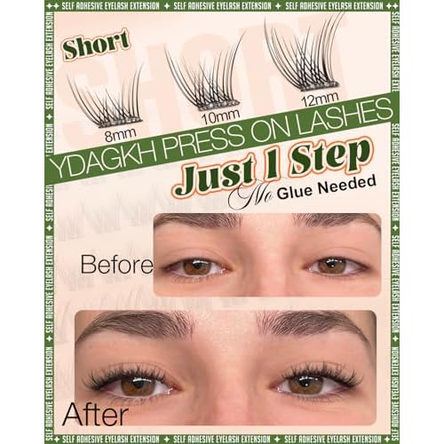 Short Self Adhesive Lash Clusters 8-10-12mm Natural Self Adhesive Eyelashes Pre Glued Individual Cluster Eyelash Extension Ultra-Thin Band Glueless Lashes Wispy No Glue Needed for Clean Beauty