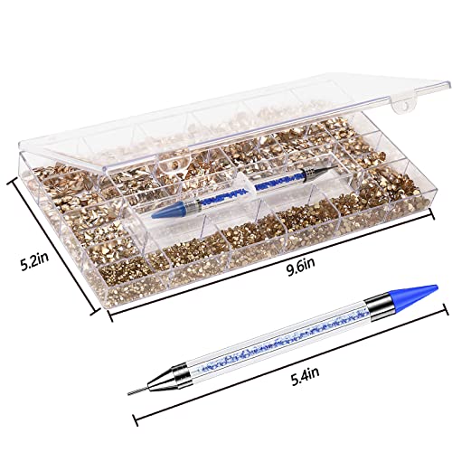 Gold Rhinestones for Nails Champagne Nail Gems Diamonds-7220Pcs Nail Crystals Jewels-Nail Charms Accessories for Nail Decoration(14 Different Shape+ 6520 Round Gold Nail Stones+Wax Pen)