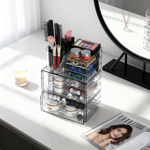 ShineMe Clear Makeup Organizer, 3 Tier Stackable Makeup Storage Organizer with Rotating Brush Holder & 9 Drawers, Acrylic Countertop Makeup Organizer for Vanity Skincare Jewelry and Hair Accessories
