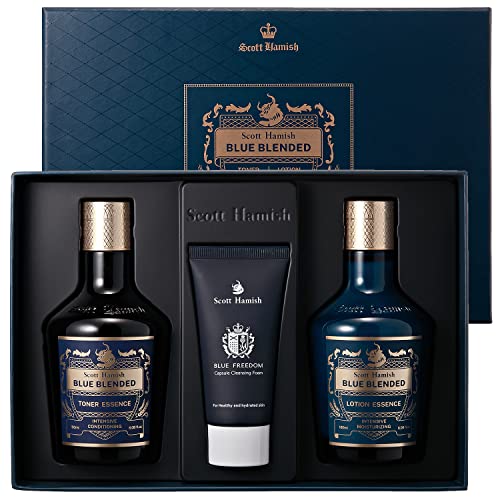 Scott Hamish Blue Blended Set - Skincare Set for Men with Face Wash, Face Toner & Facial Emulsion ? Intensive Moisturizing and Conditioning Aftershave Kit Enriched - Bergamot & Musky Scent