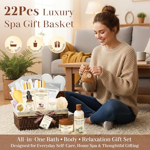 22PCS Valentines Day Spa Gift Baskets for Women, Luxury Bath and Body Gift Basket Set for Women Coconut Vanilla Spa Kit Relaxing Spa Self Care Gift for Her Wife Lover Mom Sister Friend
