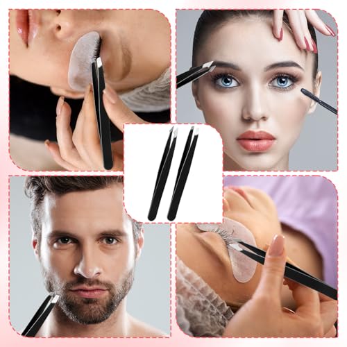 12 Pcs Eyebrow Tweezers Bulk, Stainless Steel Tweezers for Eyebrows Slanted Tip Precision Tweezer for Facial Hair Ingrown Hair Blackhead Splinter Removal and Lash Extension for Men Women (Black)