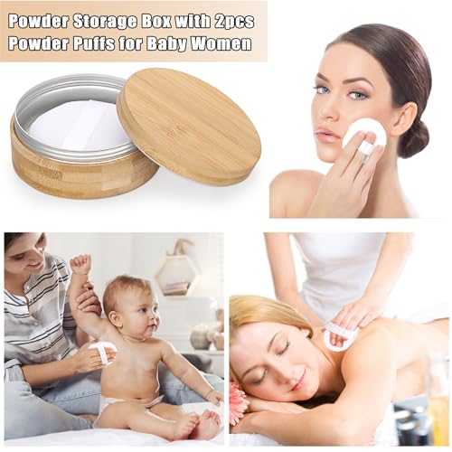 ELLDOO Body Powder Puff and Container, 10oz Empty Bamboo Case with Aluminum Inner Jar, Travel Loose Dusting Powder Storage Box with 2pcs Powder Puffs for Baby Women