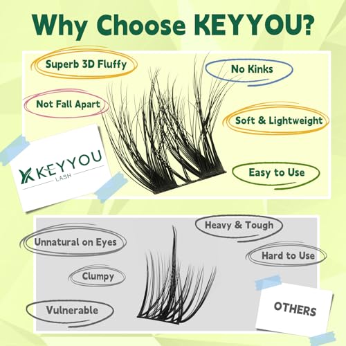 KEYYOU Lash Clusters 3D Effect Eyelash Clusters 108pcs D Curl PuffSilk V3D05 Wispy Lashes Cluster Lashes Natural Soft DIY Lash Extension at Home(PuffSilk V3D05-D-8-18MIX)