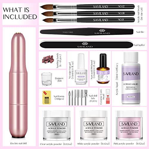 SAVILAND Acrylic Nail Kit with Drill - 0.5Oz Clear/White/Pink Acrylic Powder and Liquid Set Nail Drill with Brushes Tool Kit for Nails Extension Home DIY & Salon