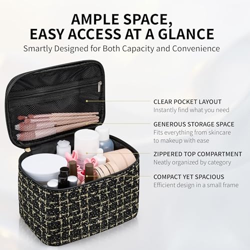 Makeup Bag, Luxury Tweed Cosmetic Bag for Women, Large Capacity Toiletry Bag Portable Organizer Pouch with Handle