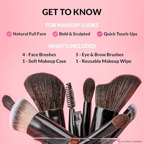 Cosme 9 FLAWLESS FACE MINI Short Handle Makeup Brush Set & Case - Travel Size Small Buffing Foundation, Powder, Concealer, Blush Bronzer Contour, Eyeliner, Brow, Eyeshadow in Natural & Synthetic Hair