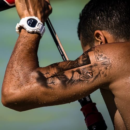 Generic 2 Sheets Large Half Arm Sleeve Temporary Tattoos For Men Women Waterproof Fake Forest Lion Jesus Cross Old School Halloween Fake Tattoo Stickers Adults Black Realistic Animals Tattoo