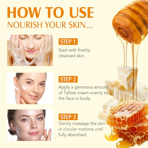 Beef Tallow for Skin, Beef Tallow and Honey Balm 4.2oz, Tallow Face Moisturizer, Organic Grass - Fed Whipped Beef Tallow and Honey Balm - Deeply Moisturizing for Face & Body, Softens Dry