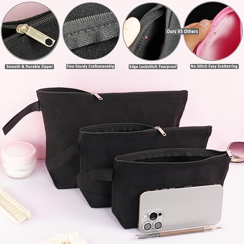 Koolmox 20 Pcs Canvas Pouches with Zipper and Wide Bottom, Plain Cotton Canvas Make Up Bags Multi-purpose for Pen Bag Stationery Bag DIY Cricut Projects Pouch Cosmetic Case (Black, M, 10.2x5.5x2.1'')