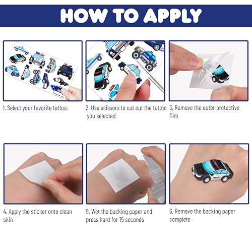 107 PCS Police Car Temporary Tattoos Themed Birthday Party Decorations Favors Supplies D?cor Cute Cop Officer Policeman Blue Tattoo Stickers Gifts For Boys Girls Class Prizes Rewards Cartoon Carnival