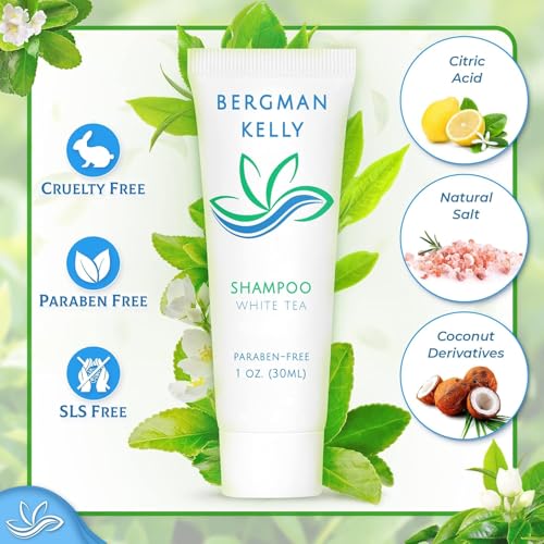 Bergman Kelly - Hotel Toiletries Bundle - White Tea, 1 oz each, 125 Pieces - 5-Piece Set: 25 each Round Bar Soap, Shampoo, Conditioner, Body Lotion & Body Wash - Bulk Mini Guest Amenities