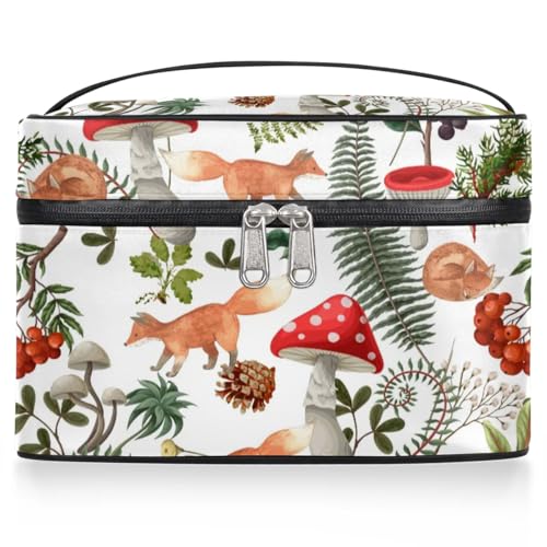 Makeup Travel Bag Organizer Toiletry Bag for Women Portable Cosmetic Storage Case with Handle, Large Capacity Lightweight Toiletries Brush Zipper Bag - Mushroom Fox
