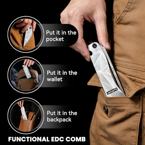 Men's Metal Folding Pocket Beard & Mustache Comb, EDC Knife Comb with Bottle Opener for Outdool Travel - Anti-Static for Hair Styling Pompadour, Slicked-back, Fauxhawk, Undercut