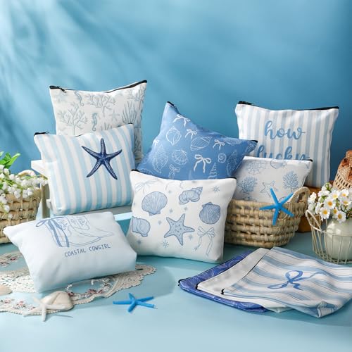 10 Pcs Ocean Themed Cosmetic Bags Bulk Zipper Pouch Makeup Bag for Women Girls Sea Weekend Travel Vacation Trip Gifts Supplies Nautical Party Favors Beach Accessories