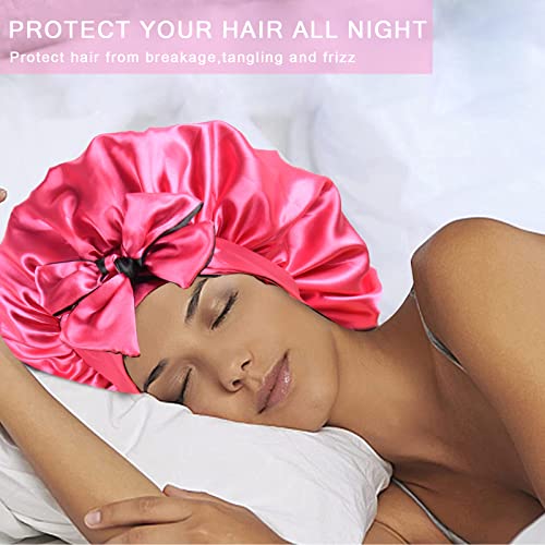 Satin Bonnet with Tie Band Adjustable Silk Bonnet Sleep Cap for Braids double layer with Tie for Sleeping (Hot Pink +Black)