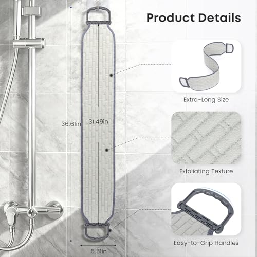 Exfoliating Back Scrubber with Plastic Handles for Shower, 36 Inches Wider Bath Back Exfoliator Body Cleaner for Men, Women and Elderly, Dual-Sided Roughness Back Washer for Deep Cleansing