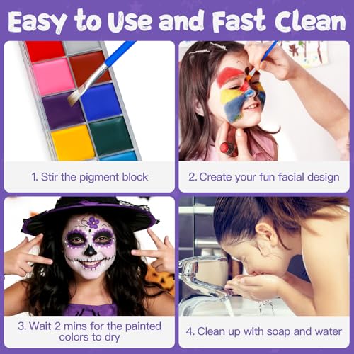 Face Painting Kit for Kids, 12 Colors Oil-Based Face Paint with 2 Brushes, Non-Toxic Halloween Makeup Kit, Professional Face Body Paint for Halloween, Parties, Carnival, School Events