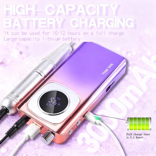 Kylara Electric Nail Drill Professional,45000RPM Portable Nail Drill Kit Cordless E Filer for Acrylic Gel Nails Polishing Removing with LED Display,Low Noise Electric Nail File for Salon&Home