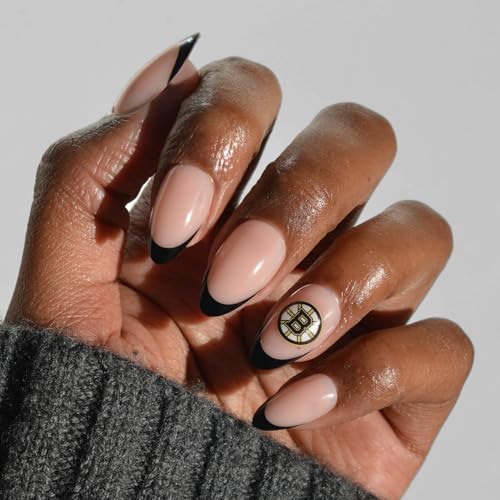 Glamnetic x Fanatics Press On Nails - Boston Bruins | Short Almond Fake Nails, NHL Bruins Black French Tips, Hockey Nails, Salon-Quality | 15 Sizes - 30 Nail Kit with Glue