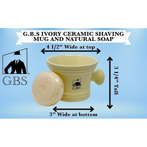 G.B.S Heavy Duty Ceramic Ivory Shaving Mug with Knob Handle and Natural Soap