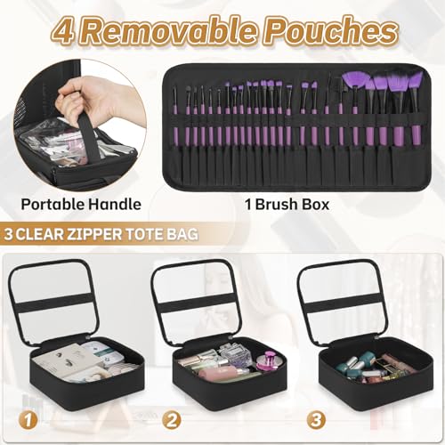 Extra Large Makeup Case with 4 Removable Pouches, Professional Make up Train Case, Travel Cosmetic Bag for Makeup Artist with Shoulder Strap and Handle (Black)£¨Bag only£©