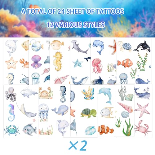 144 PCS Ocean Sea Animal Temporary Tattoos Fish Shark Turtle Tattoos Under The Sea Creature Birthday Party Favors for Ocean Animals Baby Shower Decorations Ocean Themed Birthday Party Supplies
