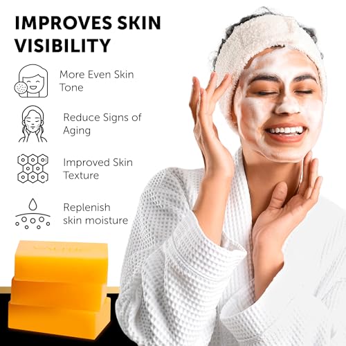 VALITIC Kojic Acid Dark Spot Remover Soap with Turmeric, Vitamin C, Retinol - Original Japanese Complex - Hyaluronic Acid, Vitamin E, Shea Butter, Castile Olive Oil - 3 Pack Bundle with African Net