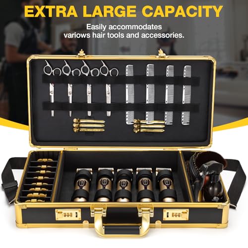 Noverlife Upgraded Large Barber Travel Briefcase, 22x11x5in Portable Barber Carrying Suitcase Salon Case with Code Lock, Gold Barbershop Travel Case Hairdresser Tool Storage Organizer Box for Clipper