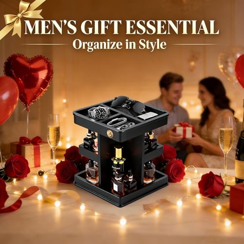 Cologne Organizer for Men, 3-Tier Large Capacity Wooden Cologne Stand with Metal Rotating Turntable, Perfume Shelf with Leather Mat Included, Desk & Nightstand Organizer, Birthday Gifts for Men, Black