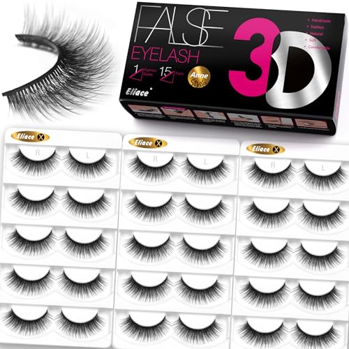 Eliace False Eyelashes Natural look Cat Eye Lashes Wispy Strips,15 Pairs, 3D Mink Lashes Volume Fluffy,Fake Eyelashes Thin Soft Band Comfortable Cross Wispy Lash Reusable, Anne Style