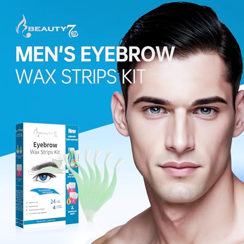Beauty7 Men's Eyebrow Wax Kit - 24 Waxing Strips + 4 Soothing Oil Wipes for Hair Removal & Eyebrow Shaping