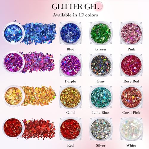 Body Glitter Face Glitter, 12 Colors of Chunky Glitter Gel Holographic for Women, Suitable for Body/Face/Hair/Eyes, Carnival Party